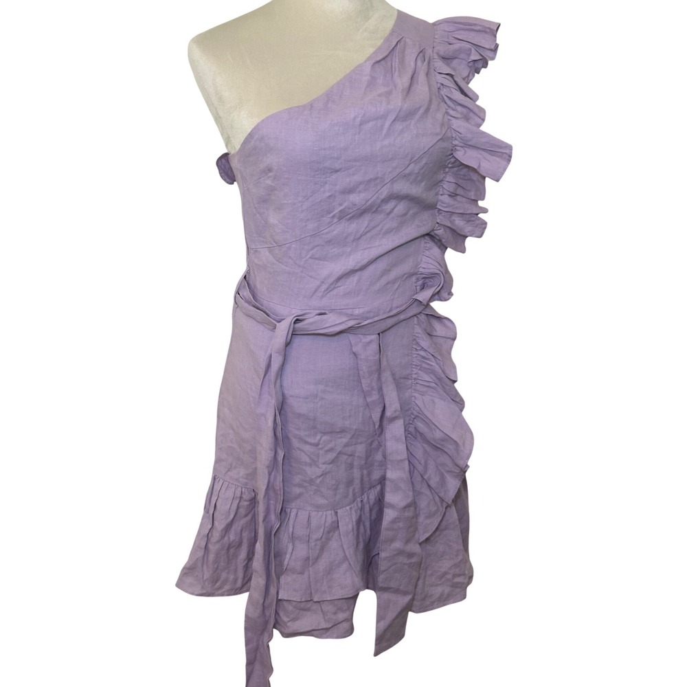 Karlie Womens Lavender One Shoulder Ruffle Linen Blend Mini Dress Size Small